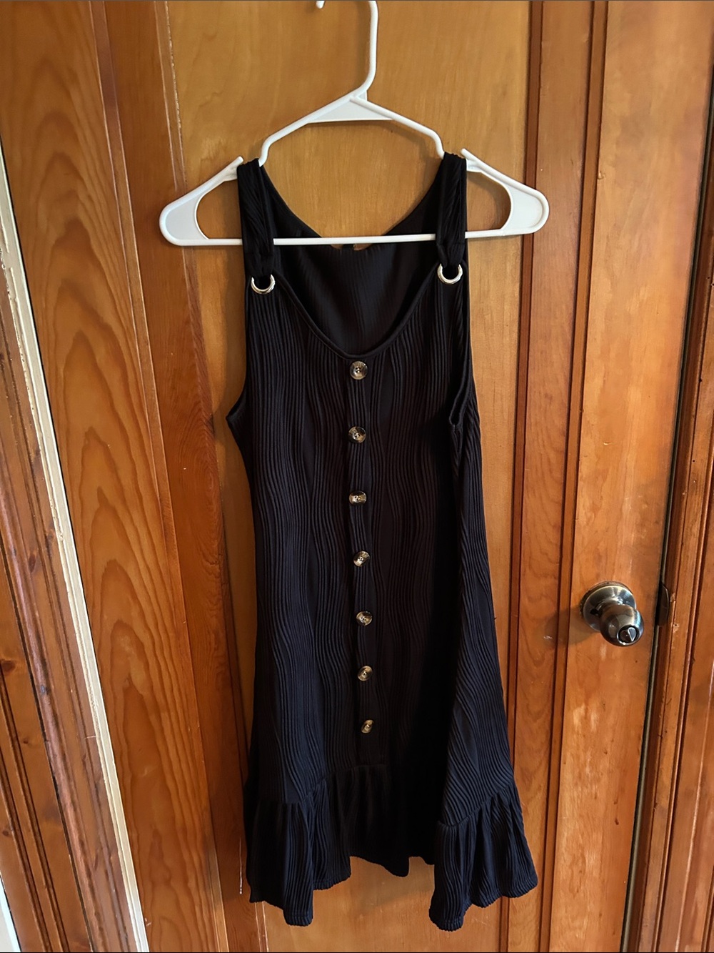 Sleeveless Black Mini Dress with Ring-Detail Straps and Button Front